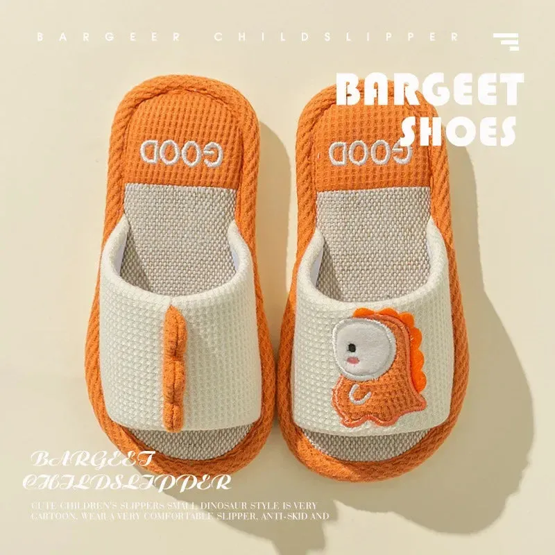 Children's Flats Linen Slippers Autumn Spring Cartoon Dragon Soft Sole Flip Flops For Boys And Girls Kid's Homewear Shoes H42