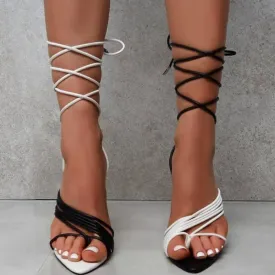 Color matching thin band pointed high heel strapping sandals
