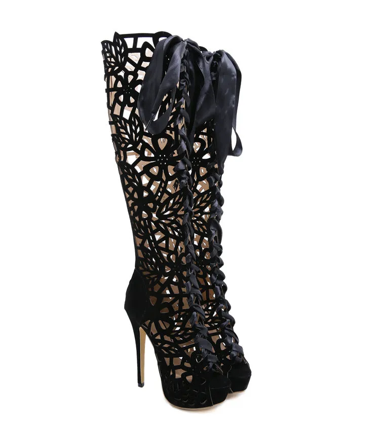 Cut Out Peep Toe Platform Super High Heels Long Boot Sandals