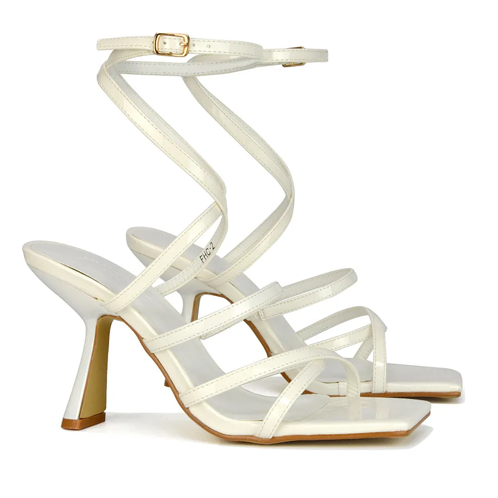 Donna Strappy Ankle Square Toe Party Thin Block High Heel Sandals in Red Patent