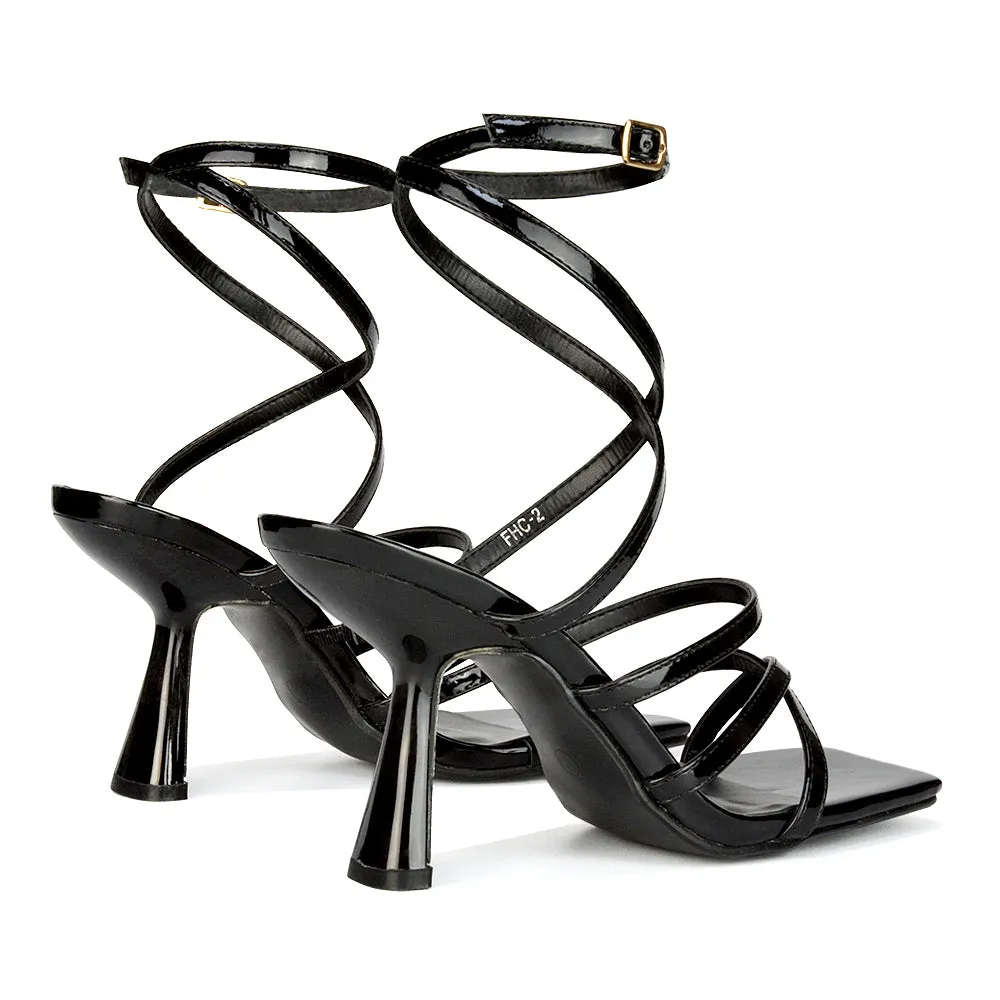 Donna Strappy Ankle Square Toe Party Thin Block High Heel Sandals in Red Patent