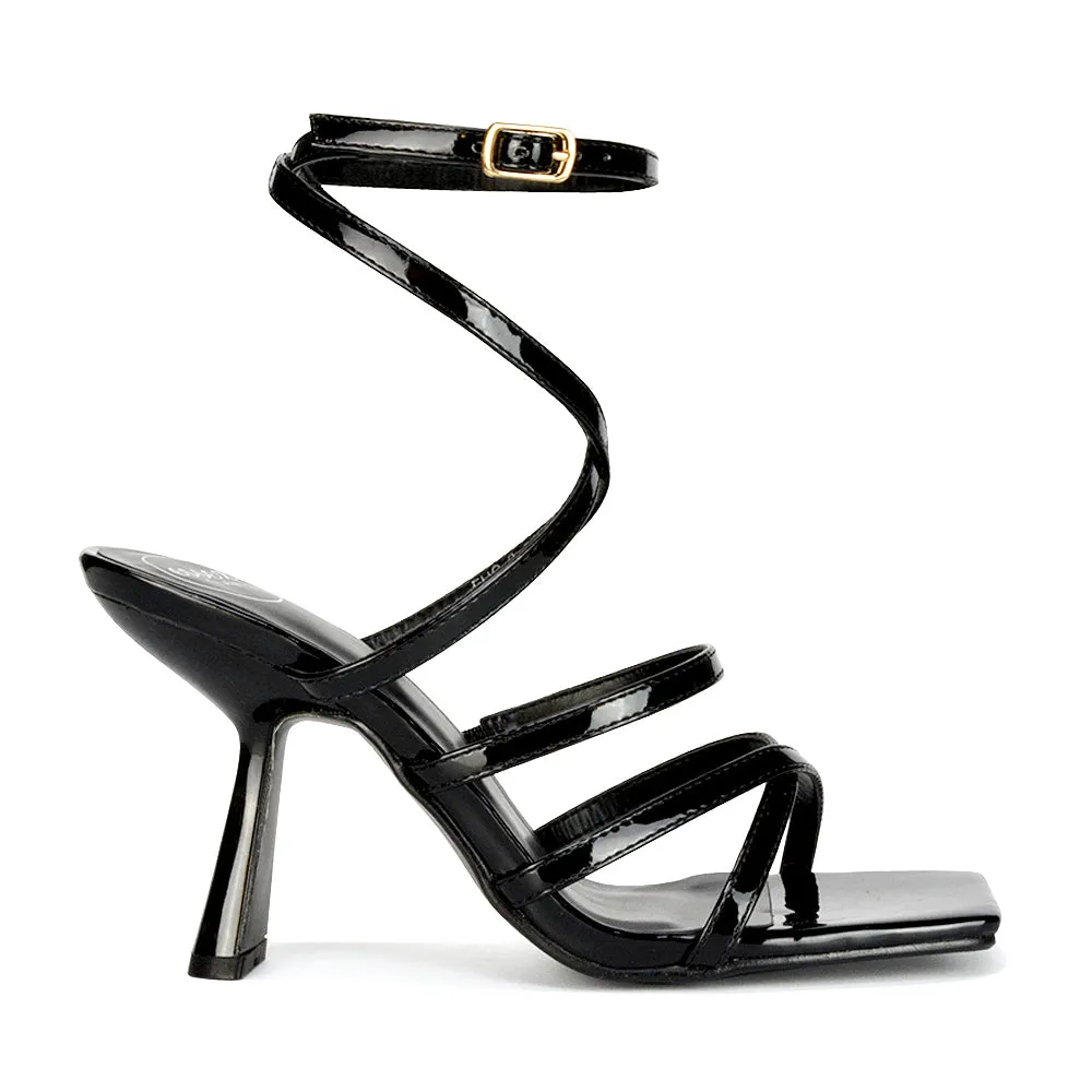 Donna Strappy Ankle Square Toe Party Thin Block High Heel Sandals in Red Patent