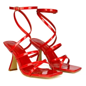 Donna Strappy Ankle Square Toe Party Thin Block High Heel Sandals in Red Patent