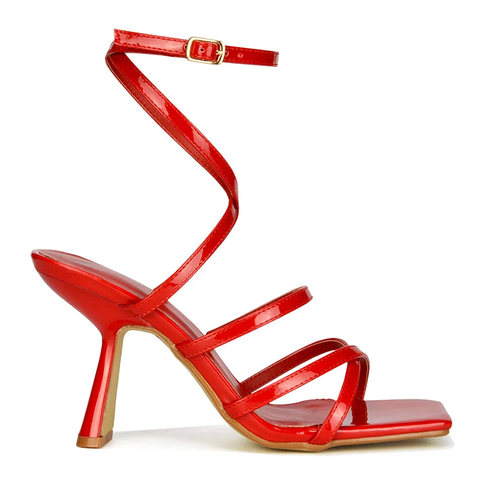Donna Strappy Ankle Square Toe Party Thin Block High Heel Sandals in Red Patent