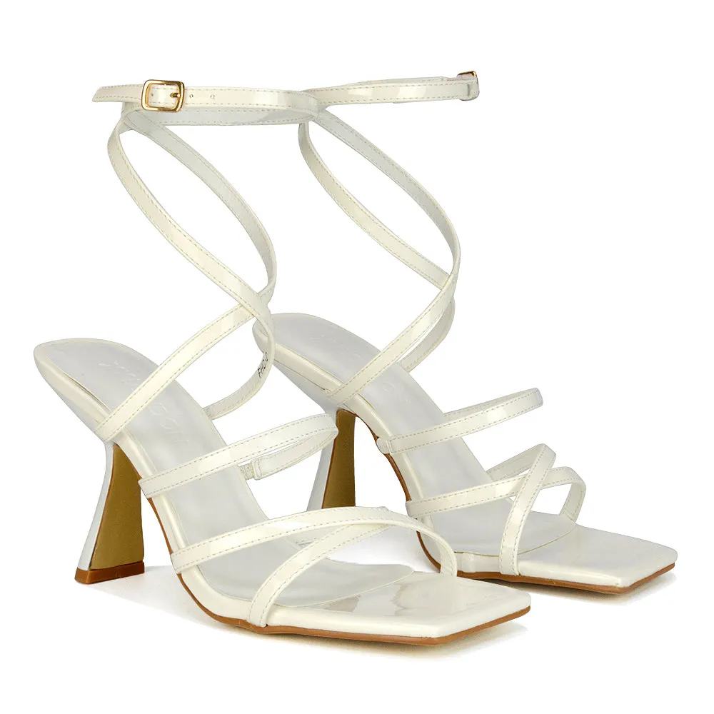 Donna Strappy Ankle Square Toe Party Thin Block High Heel Sandals in Red Patent