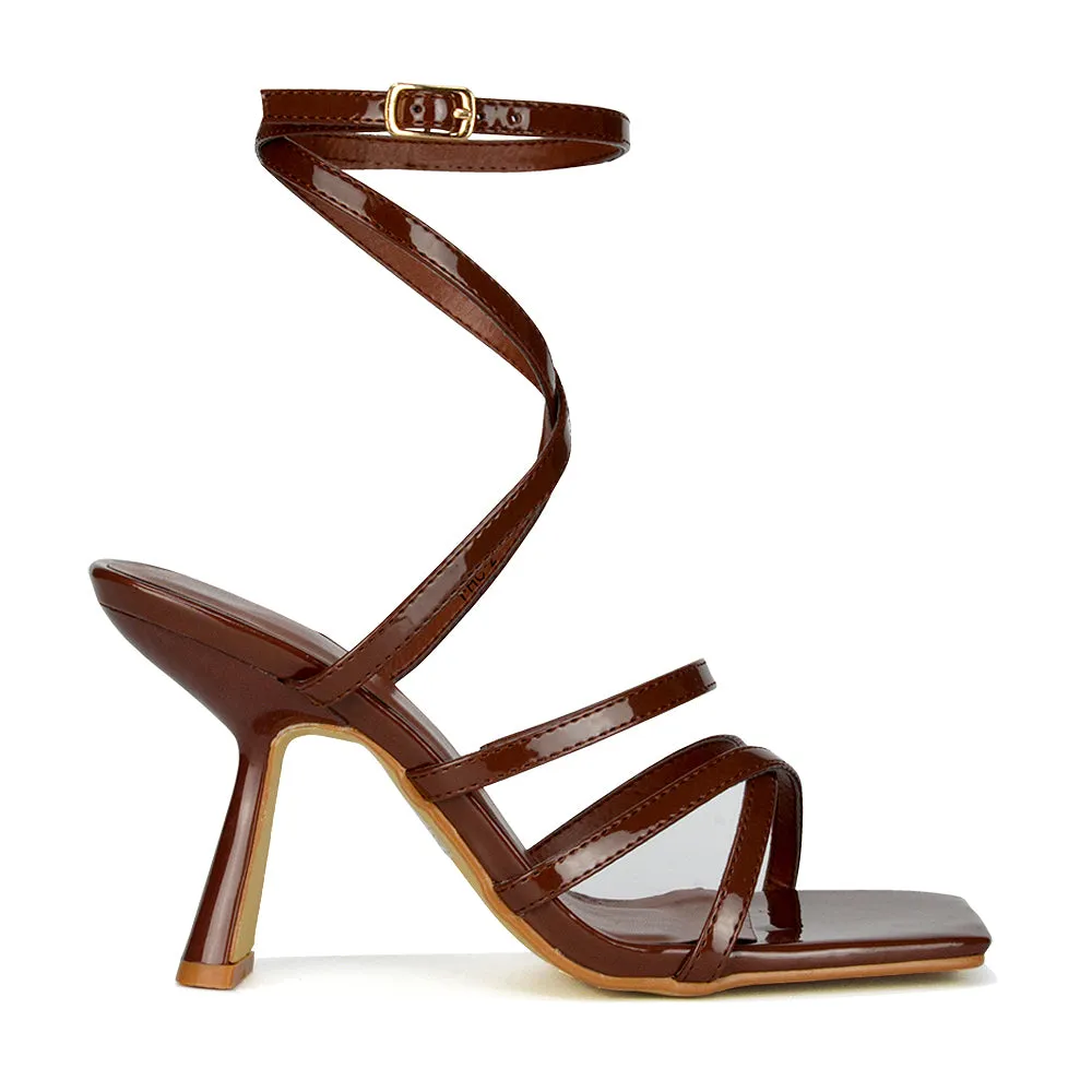 Donna Strappy Ankle Square Toe Party Thin Block High Heel Sandals in Red Patent