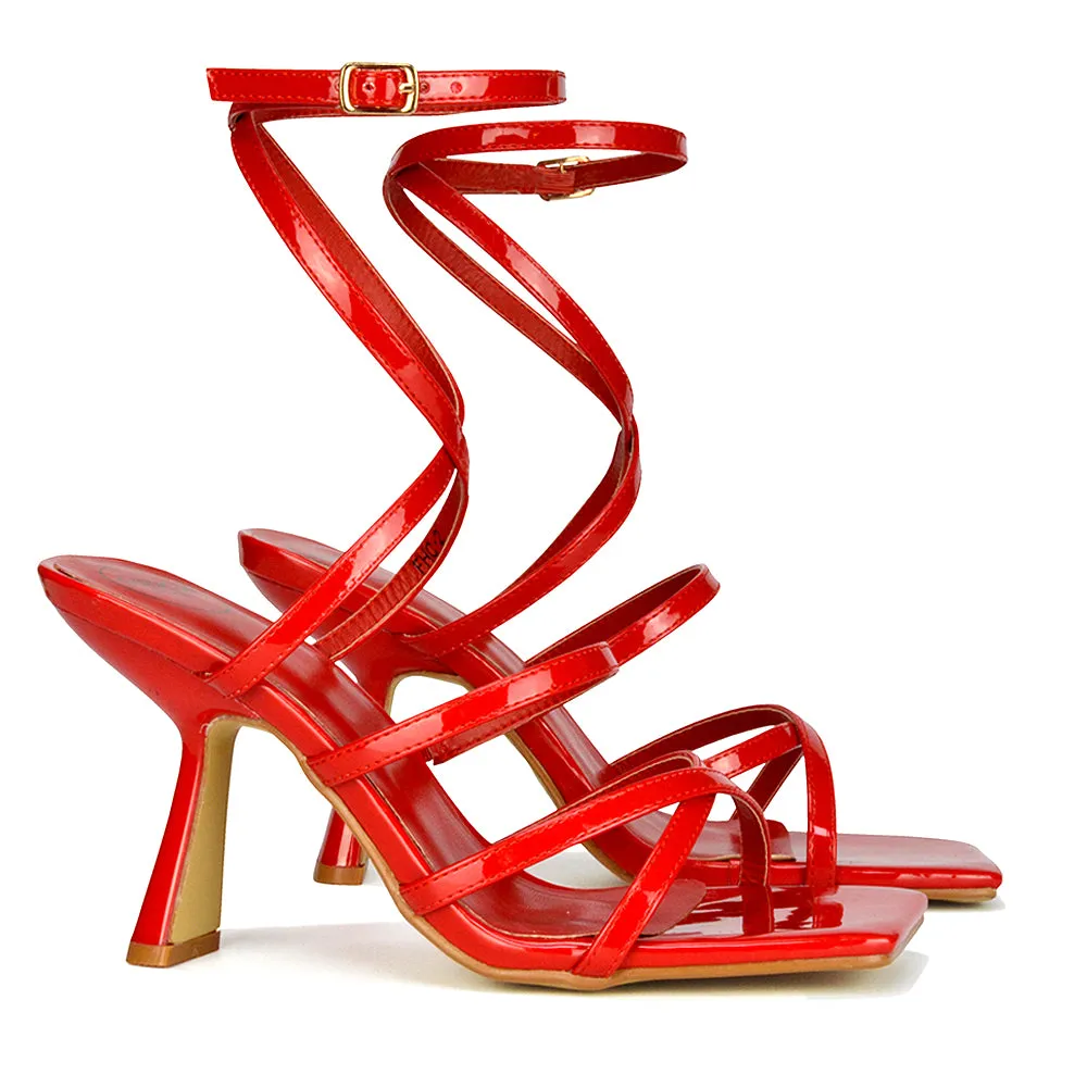 Donna Strappy Ankle Square Toe Party Thin Block High Heel Sandals in Red Patent