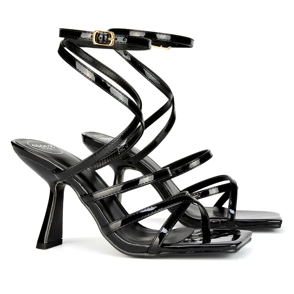 Donna Strappy Ankle Square Toe Party Thin Block High Heel Sandals in Red Patent