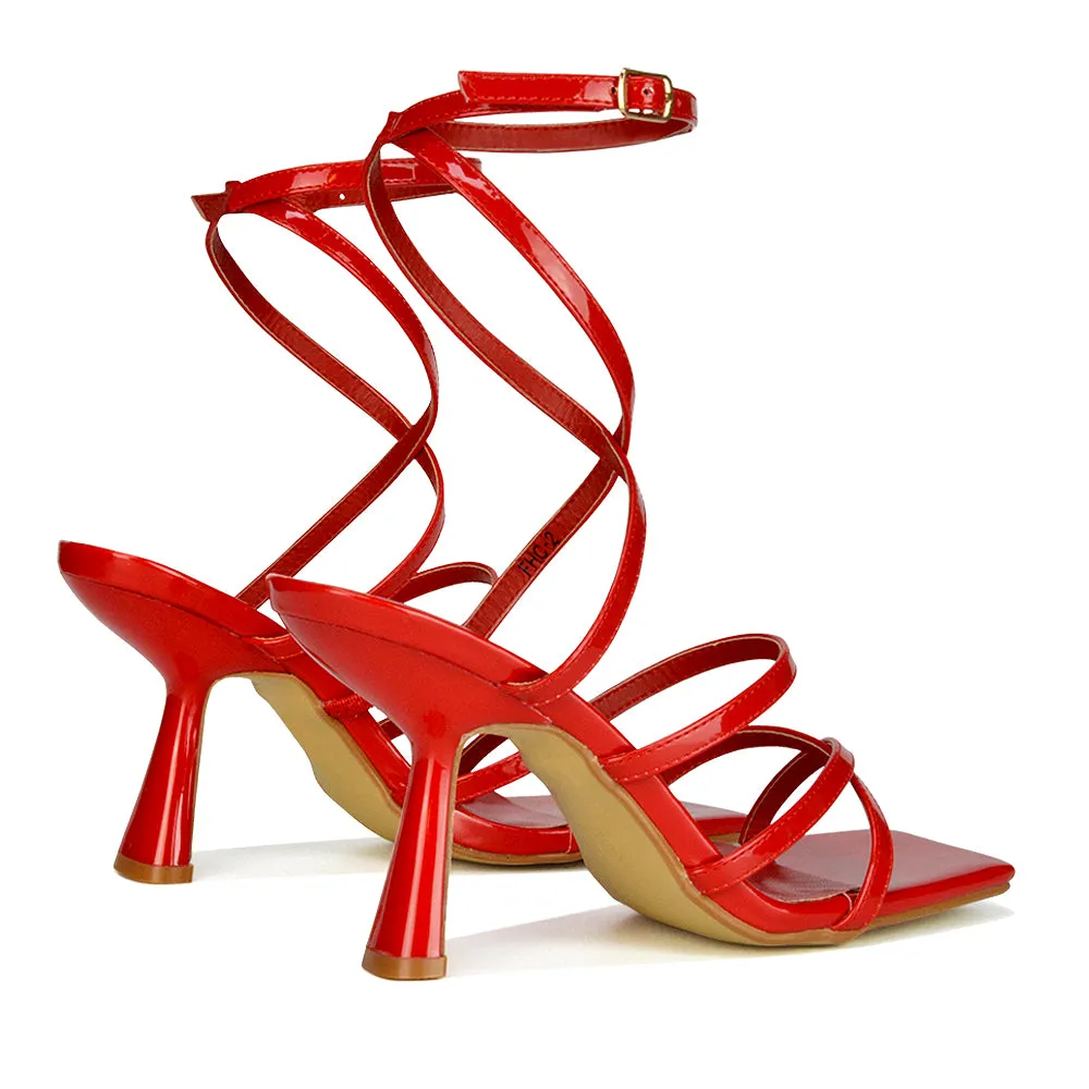 Donna Strappy Ankle Square Toe Party Thin Block High Heel Sandals in Red Patent