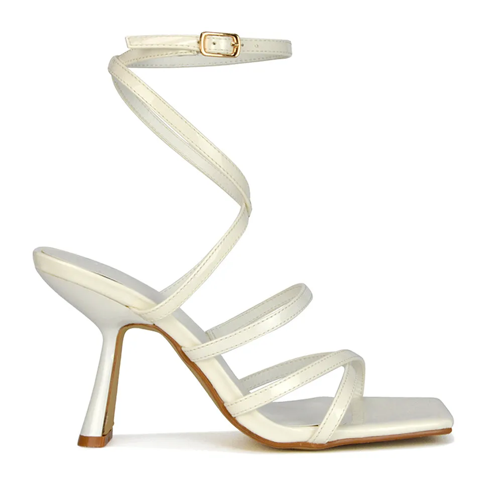 Donna Strappy Ankle Square Toe Party Thin Block High Heel Sandals in Red Patent