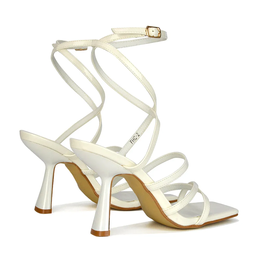Donna Strappy Ankle Square Toe Party Thin Block High Heel Sandals in Red Patent