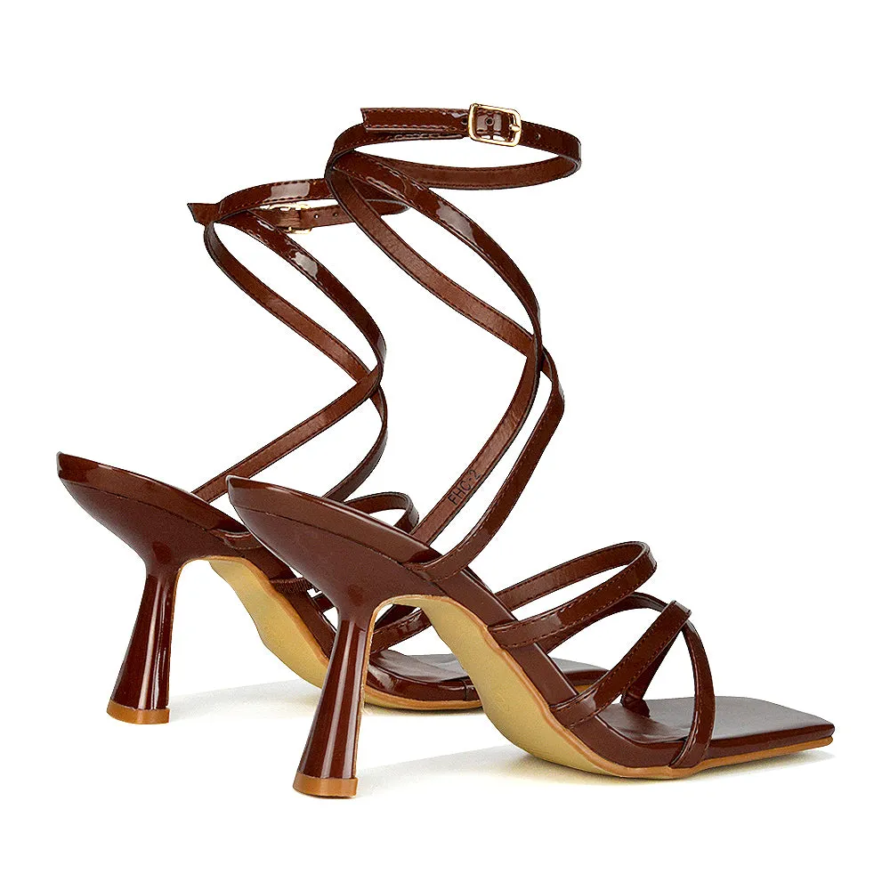 Donna Strappy Ankle Square Toe Party Thin Block High Heel Sandals in Red Patent