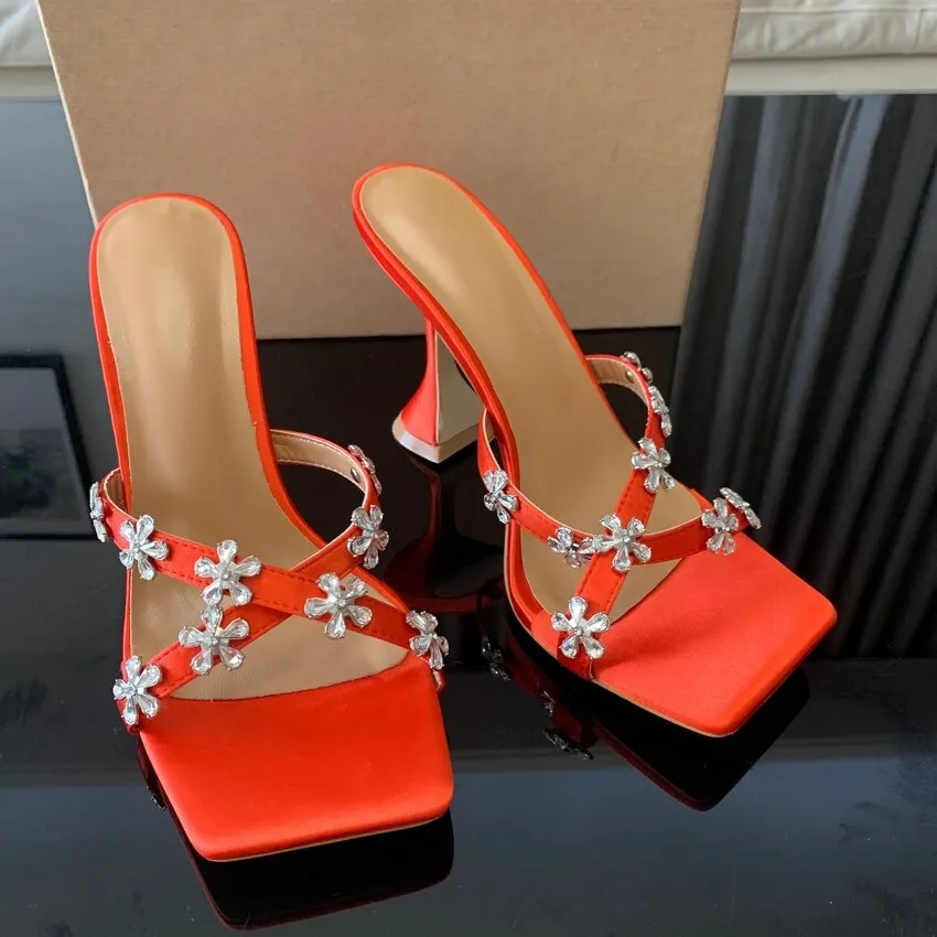 High Heels Crystal Flowers Slides Shoes