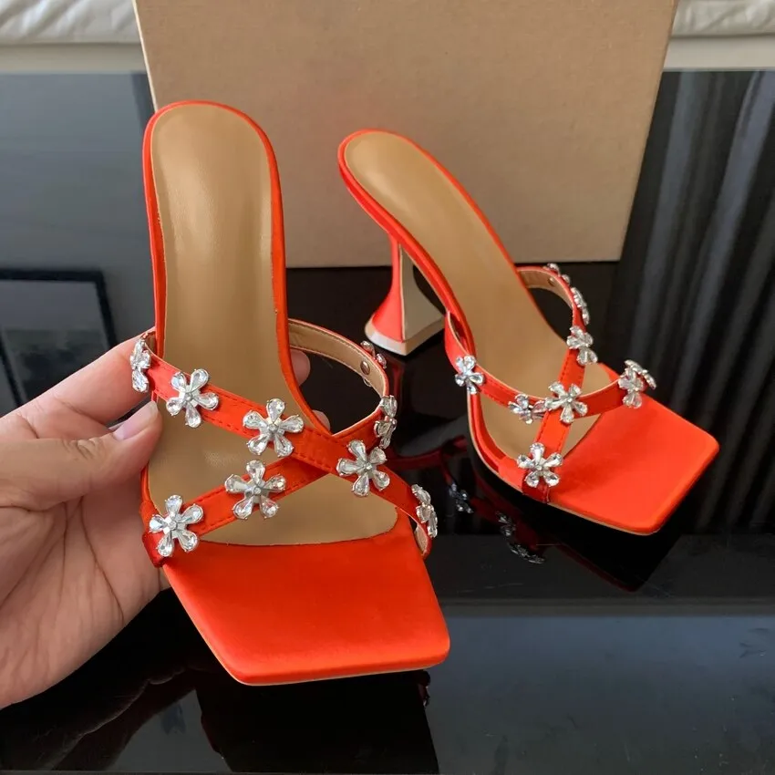 High Heels Crystal Flowers Slides Shoes