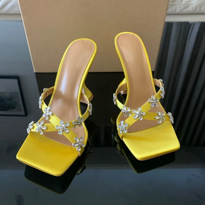 High Heels Crystal Flowers Slides Shoes