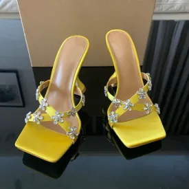High Heels Crystal Flowers Slides Shoes