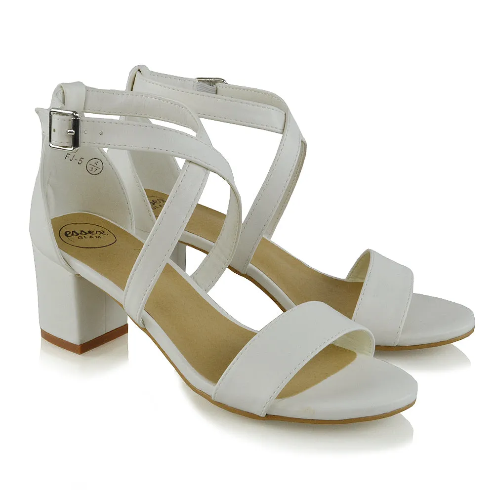 JORDYN CROSS OVER BUCKLE STRAP CHUNKY LOW BLOCK HEELS IN WHITE PU