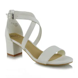 JORDYN CROSS OVER BUCKLE STRAP CHUNKY LOW BLOCK HEELS IN WHITE PU