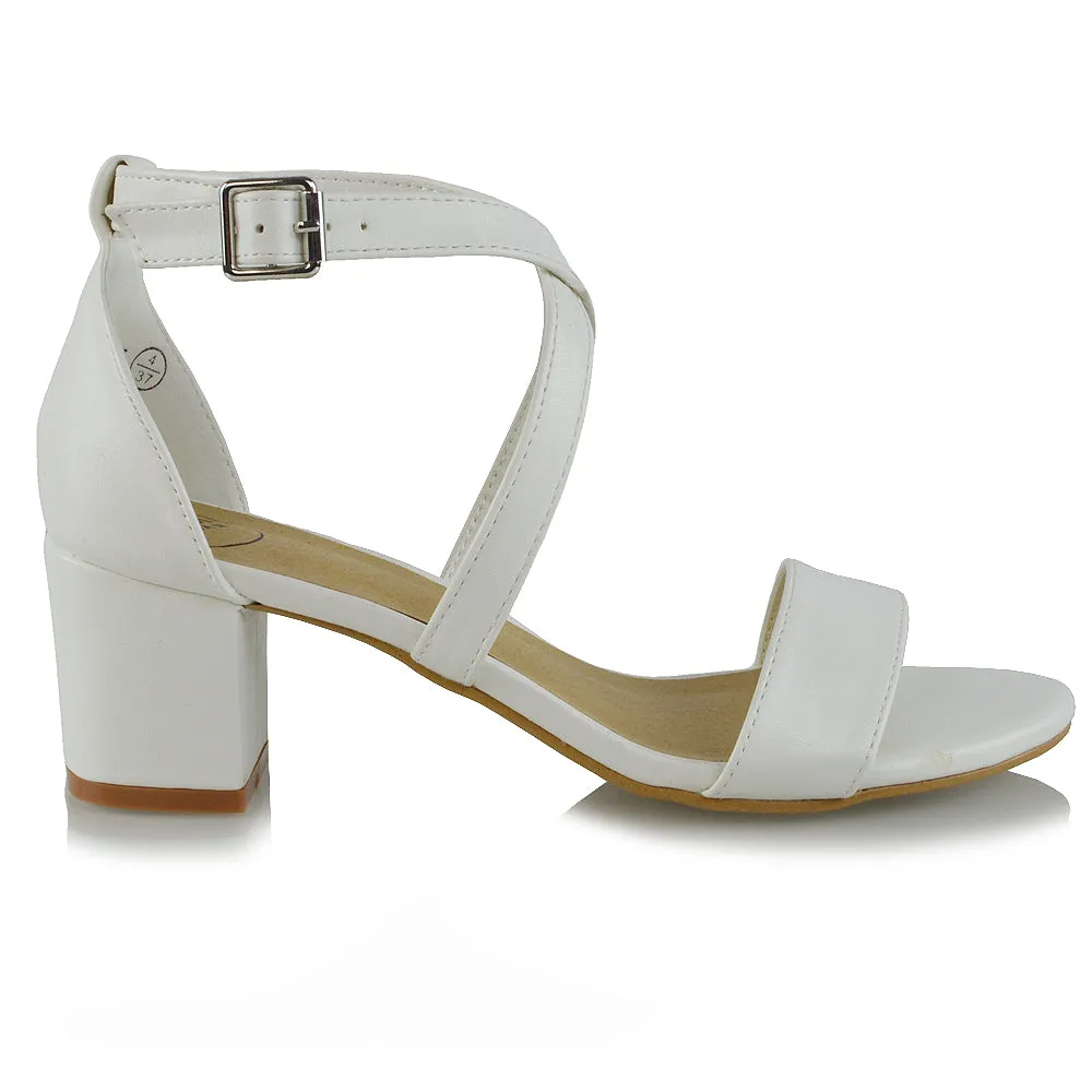 JORDYN CROSS OVER BUCKLE STRAP CHUNKY LOW BLOCK HEELS IN WHITE PU
