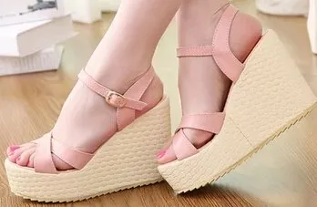 Korean Style Women Summer Wedges Chunky Heel  Ankle Wrap Open The Toe Fashion Sandals Shoes