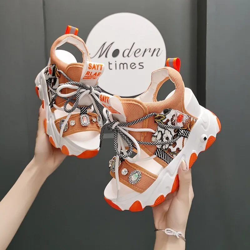 Lady Platform Chunky Sandals Mixed Color Sports Wedge