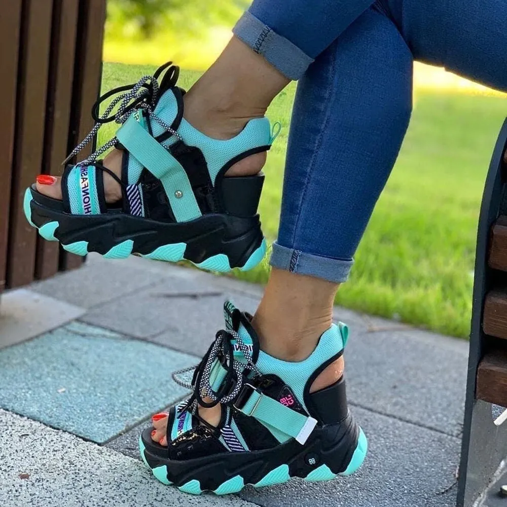 Lady Platform Chunky Sandals Mixed Color Sports Wedge