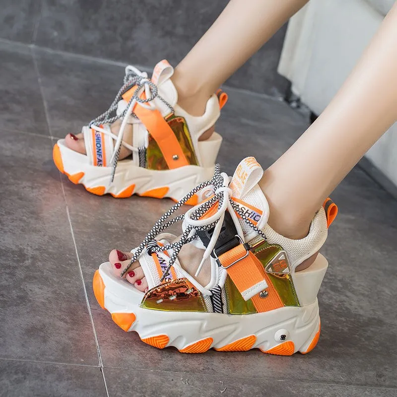 Lady Platform Chunky Sandals Mixed Color Sports Wedge