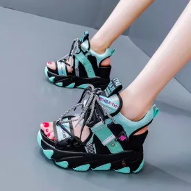 Lady Platform Chunky Sandals Mixed Color Sports Wedge