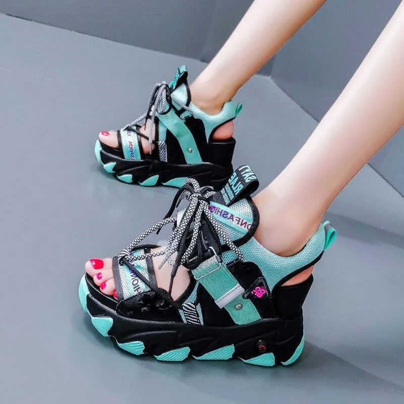 Lady Platform Chunky Sandals Mixed Color Sports Wedge