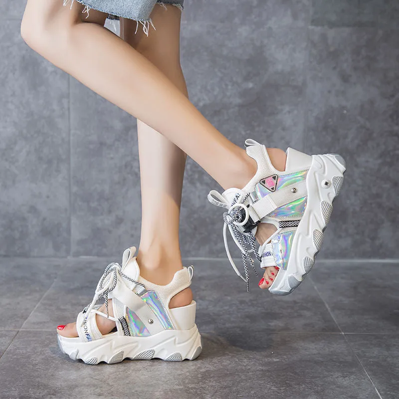 Lady Platform Chunky Sandals Mixed Color Sports Wedge