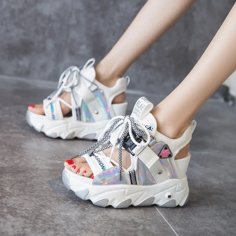 Lady Platform Chunky Sandals Mixed Color Sports Wedge