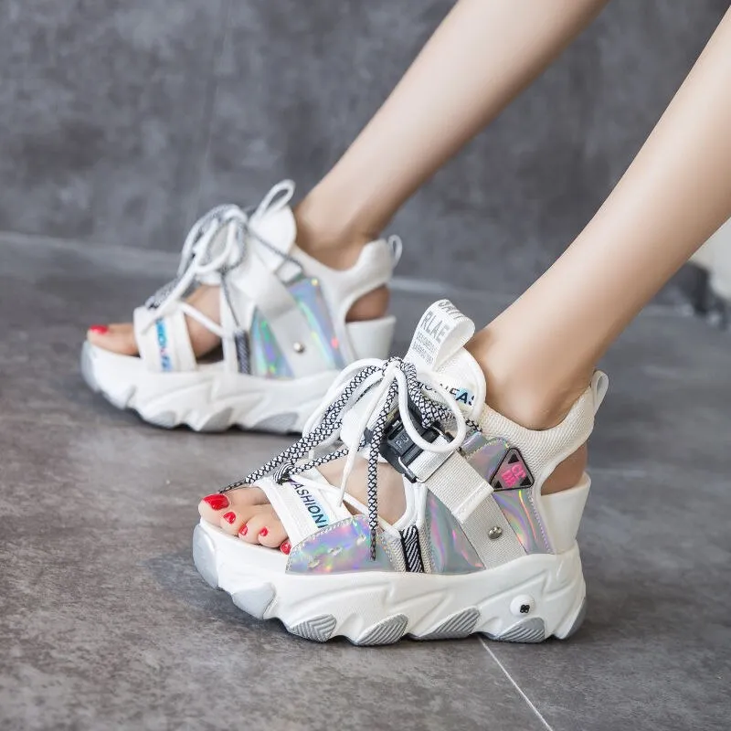 Lady Platform Chunky Sandals Mixed Color Sports Wedge