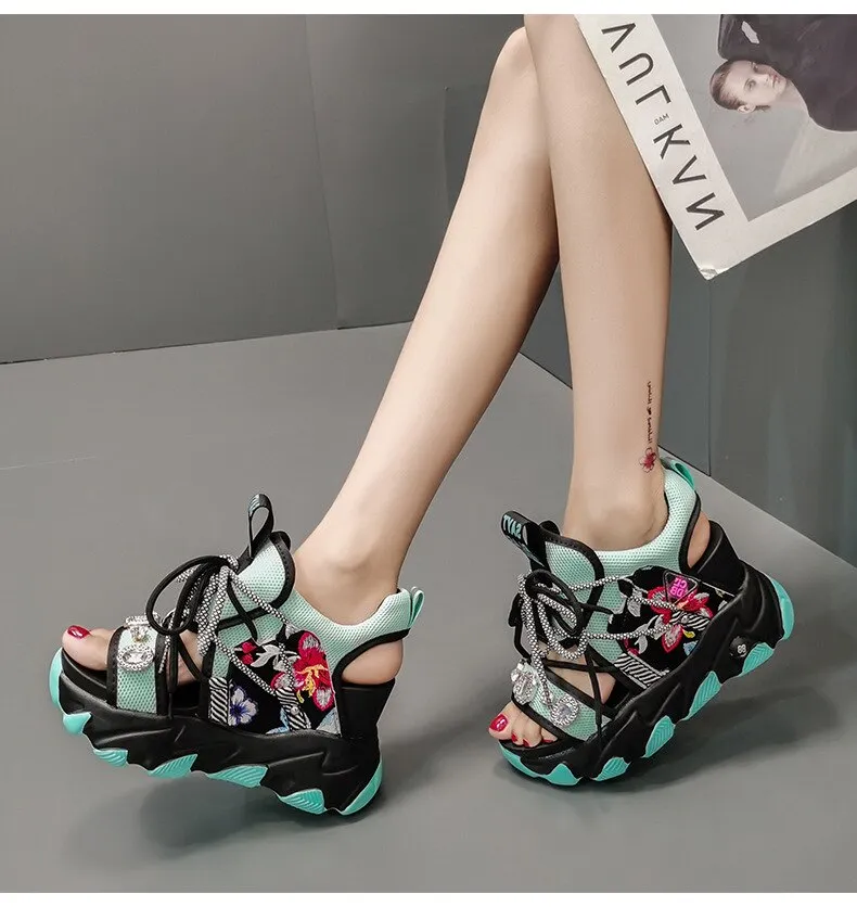 Lady Platform Chunky Sandals Mixed Color Sports Wedge