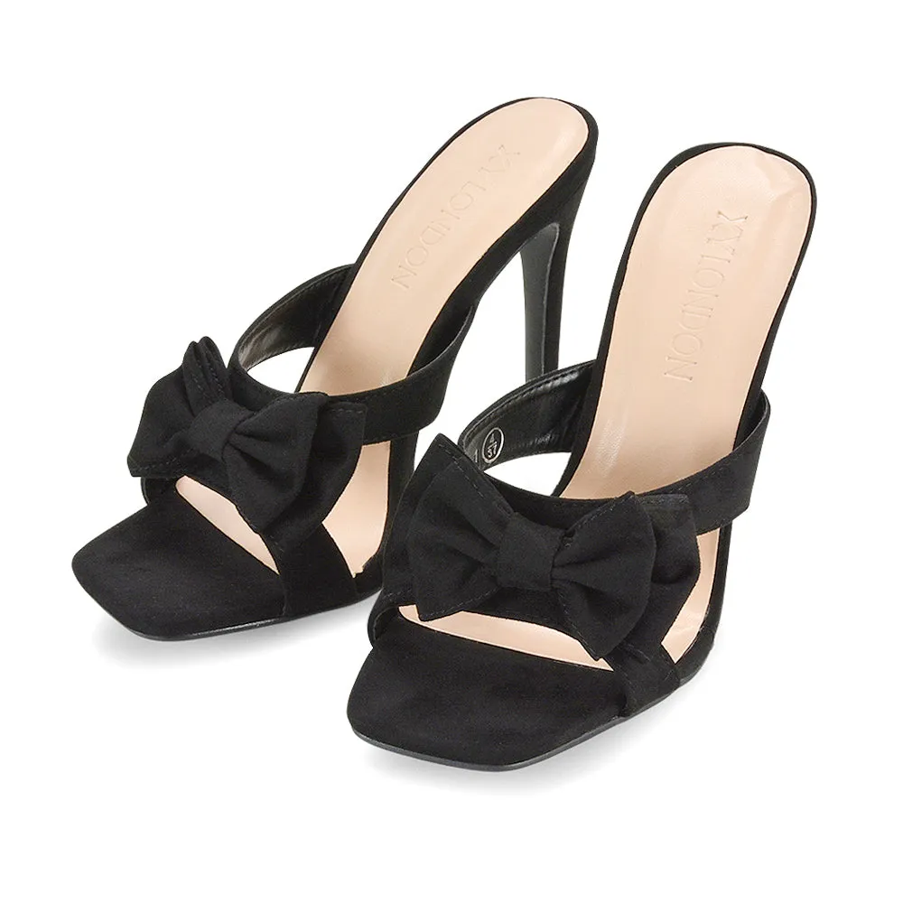 Larsa Bow Detail Square Toe Stiletto Slip on Mule Strappy Sandal Heels in Black