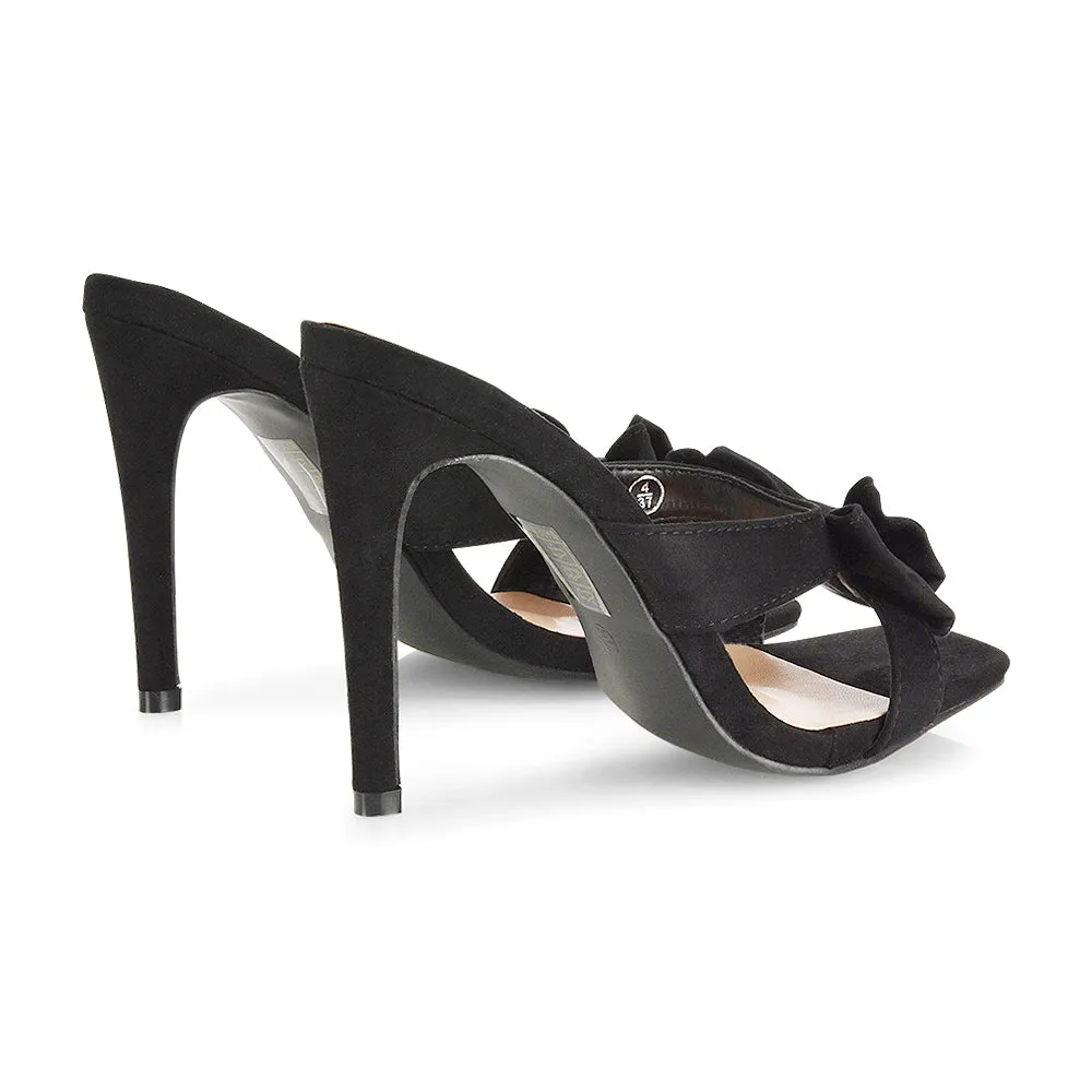 Larsa Bow Detail Square Toe Stiletto Slip on Mule Strappy Sandal Heels in Black