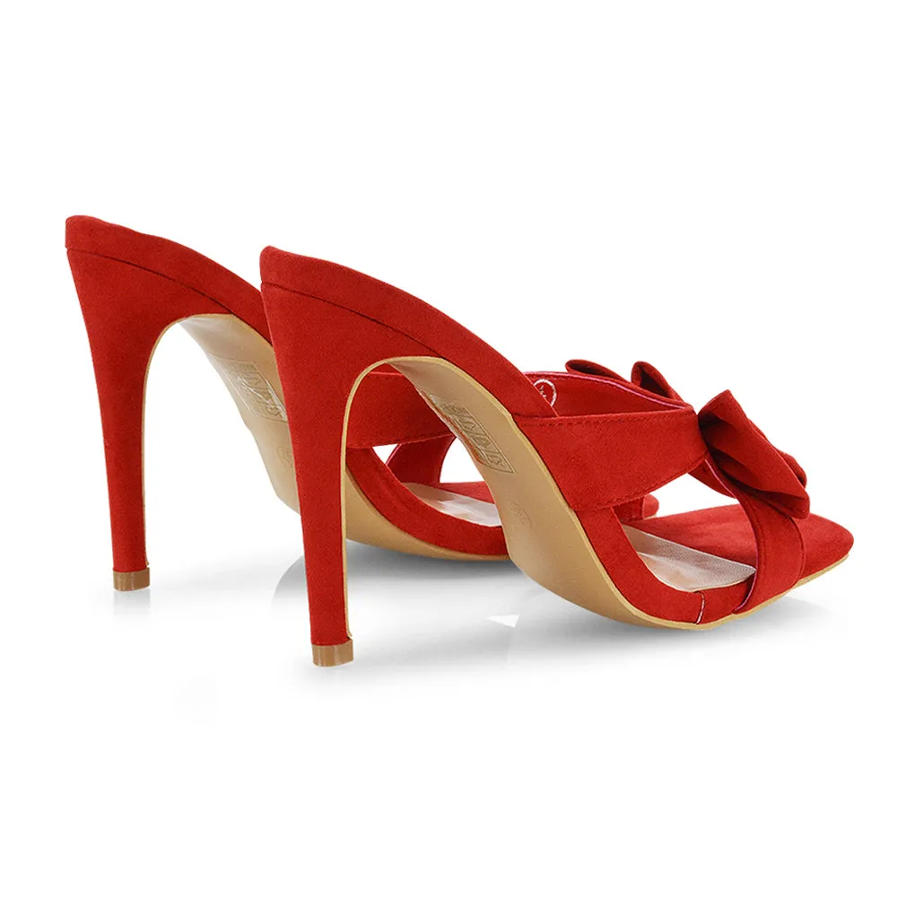Larsa Bow Detail Square Toe Stiletto Slip on Mule Strappy Sandal Heels in Black