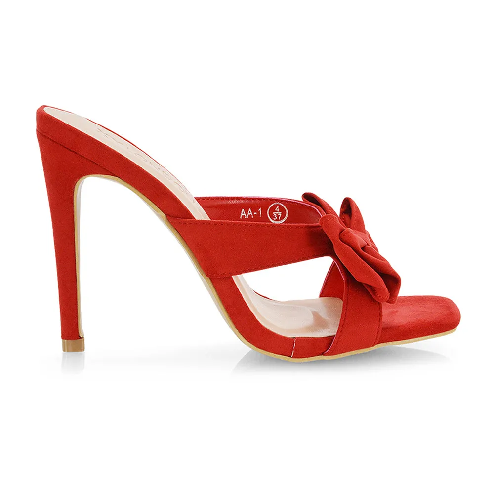 Larsa Bow Detail Square Toe Stiletto Slip on Mule Strappy Sandal Heels in Black