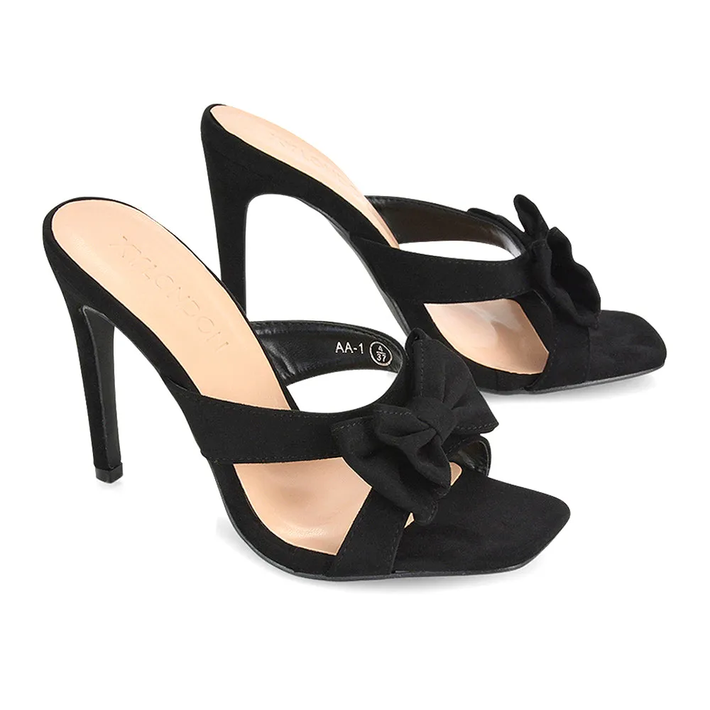 Larsa Bow Detail Square Toe Stiletto Slip on Mule Strappy Sandal Heels in Black