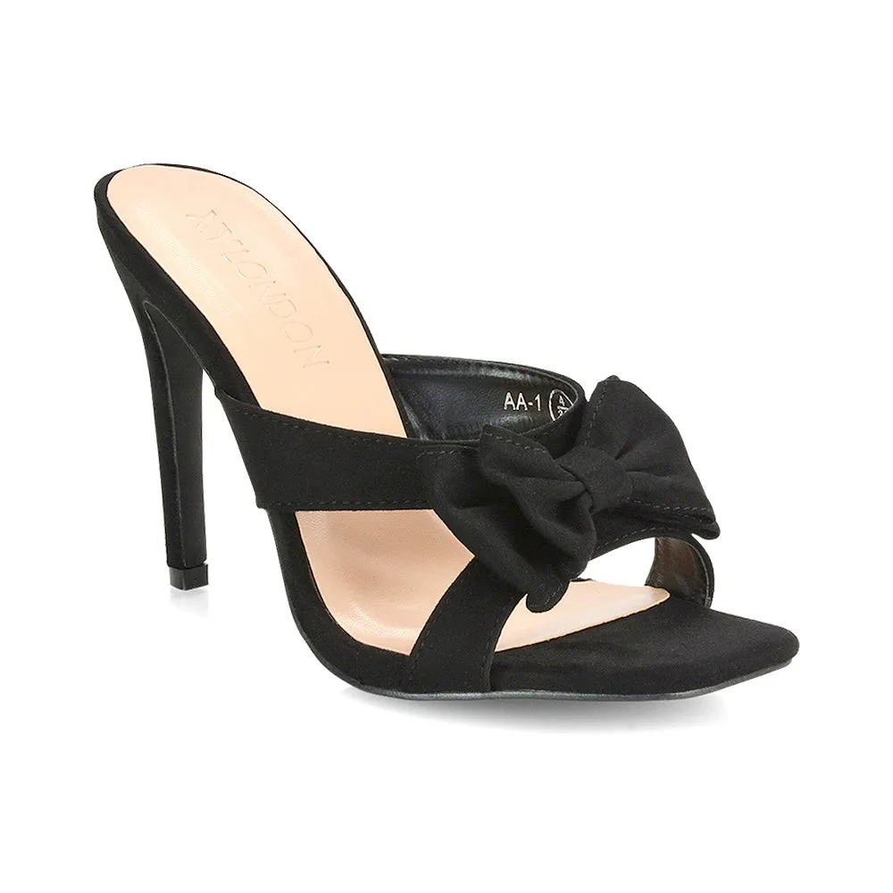Larsa Bow Detail Square Toe Stiletto Slip on Mule Strappy Sandal Heels in Black