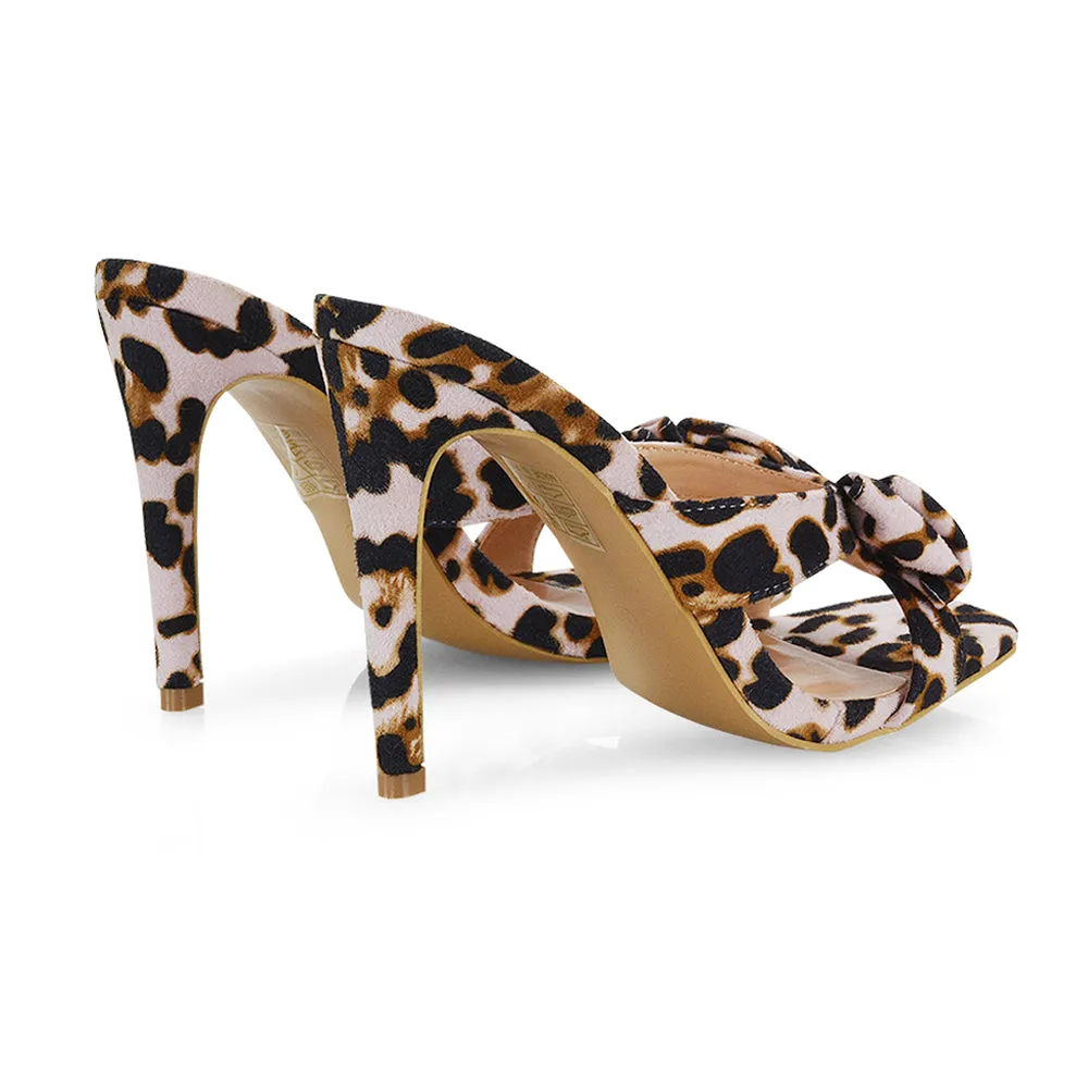 Larsa Bow Detail Square Toe Stiletto Slip on Mule Strappy Sandal Heels in Black