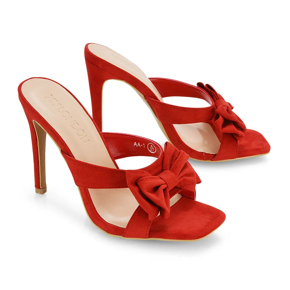 Larsa Bow Detail Square Toe Stiletto Slip on Mule Strappy Sandal Heels in Black