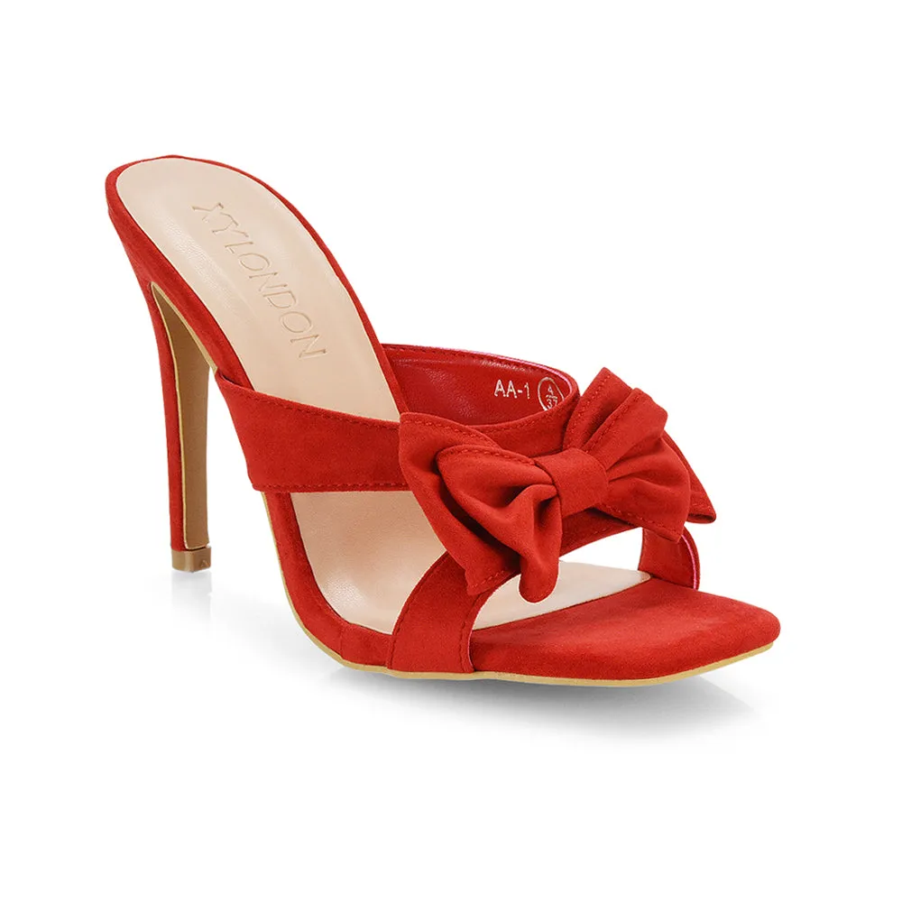 Larsa Bow Detail Square Toe Stiletto Slip on Mule Strappy Sandal Heels in Black