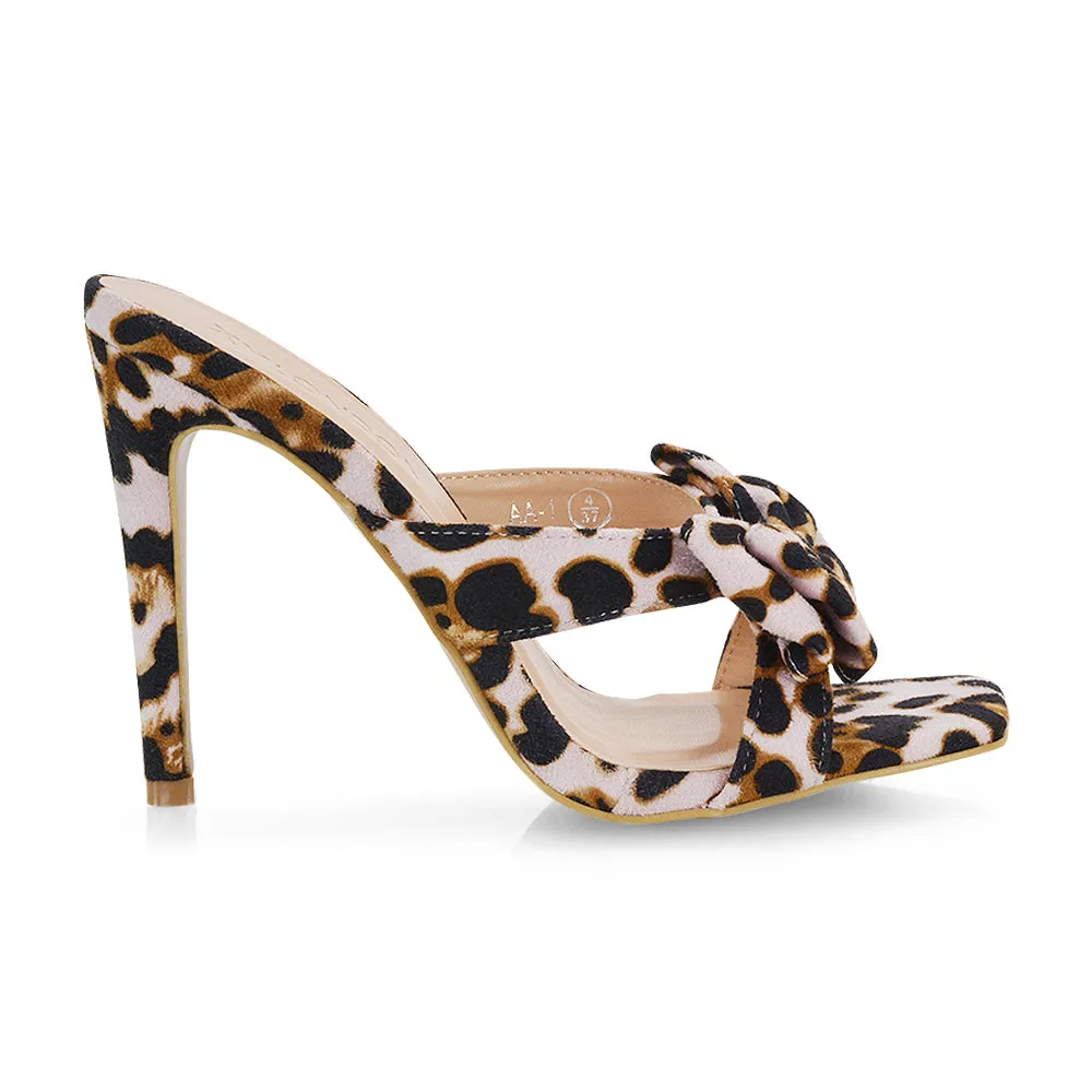 Larsa Bow Detail Square Toe Stiletto Slip on Mule Strappy Sandal Heels in Black