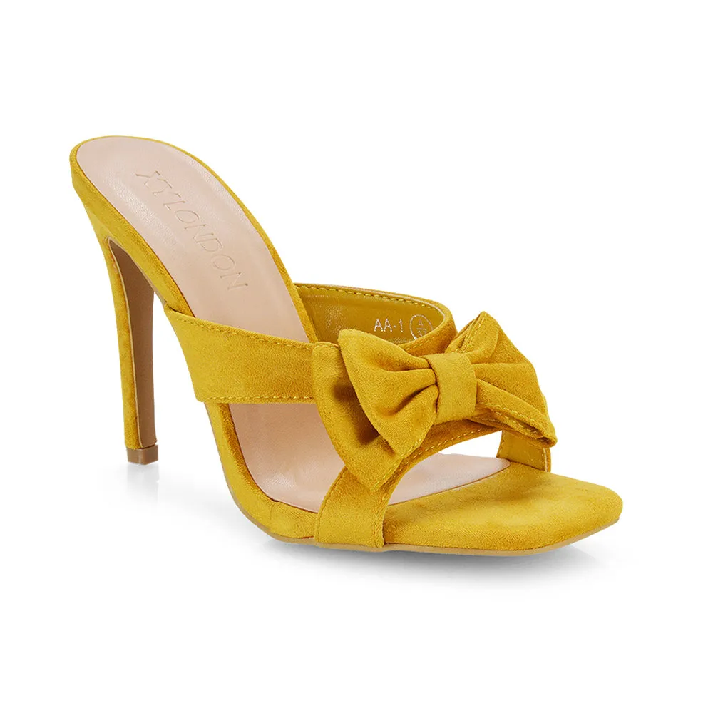 Larsa Bow Detail Square Toe Stiletto Slip on Mule Strappy Sandal Heels in Black