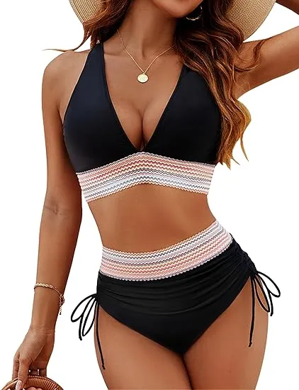 Limited time offer - 78% OFFHigh Waisted Tummy Control Color Block Bikini Sets