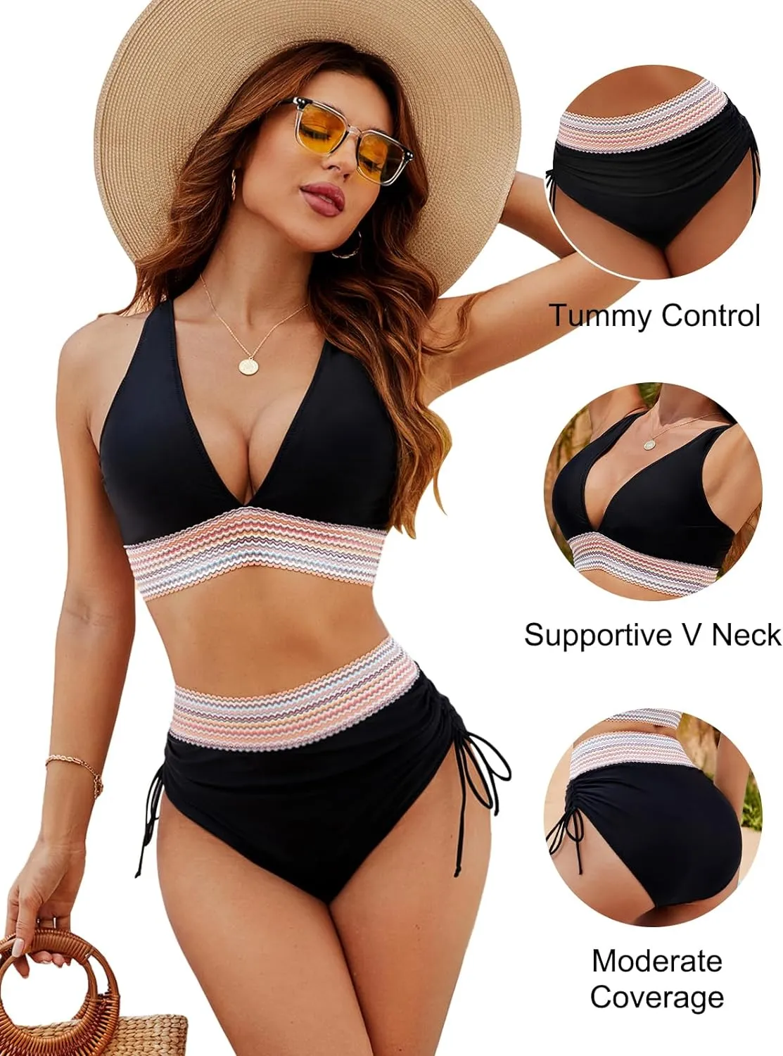 Limited time offer - 78% OFFHigh Waisted Tummy Control Color Block Bikini Sets