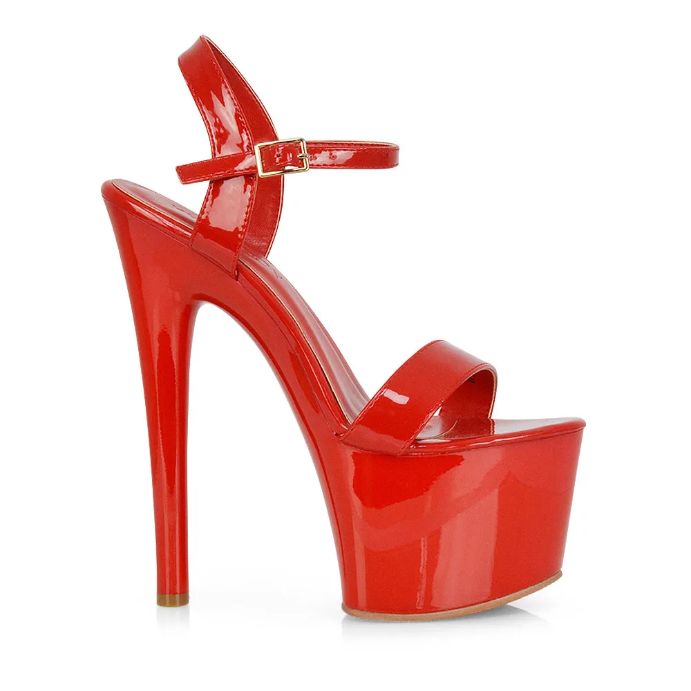 Matilda Statement Strappy Sky High Stiletto Platform Heels in Black Patent