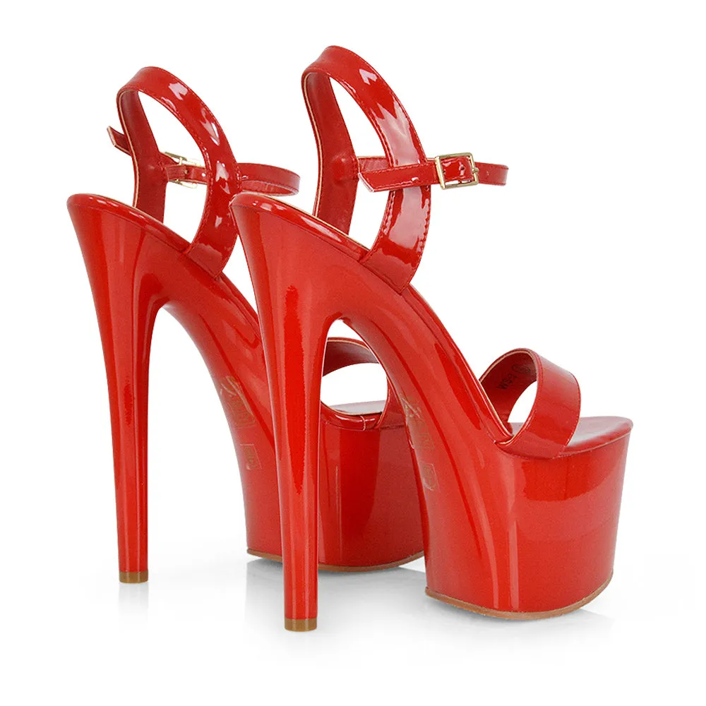 Matilda Statement Strappy Sky High Stiletto Platform Heels in Black Patent