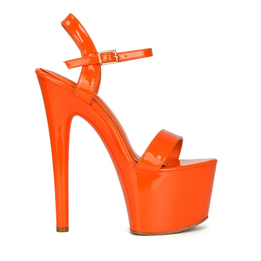 Matilda Statement Strappy Sky High Stiletto Platform Heels in Black Patent