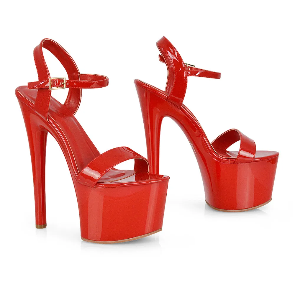 Matilda Statement Strappy Sky High Stiletto Platform Heels in Black Patent